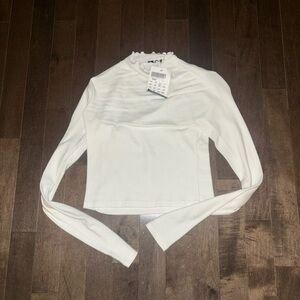 Brandy Melville White Long-Sleeve Ruffle Mock Neck Top